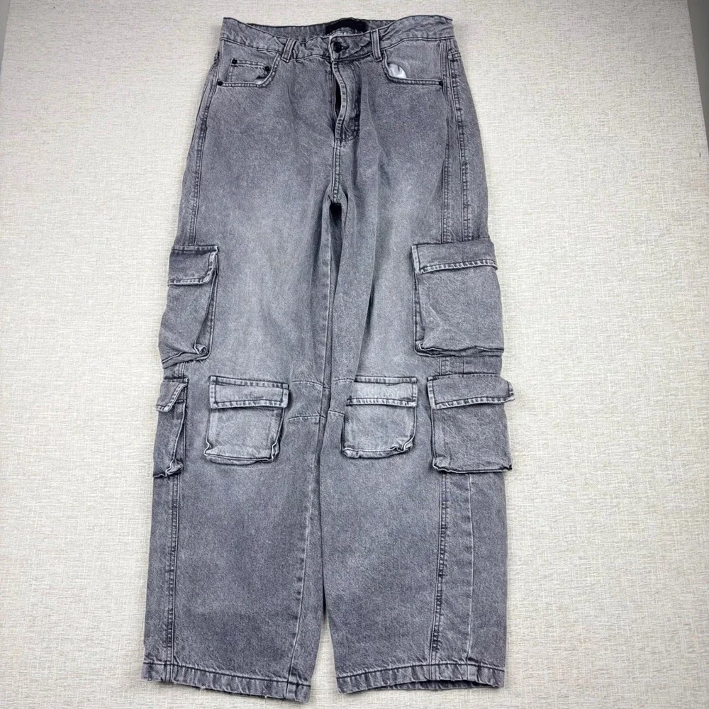 Love For Humanity Men Gray Cargo Jeans Y2K Baggy Wide Leg Multi Pocket W32x29